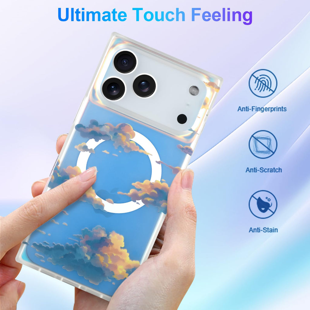 Cute Case for iPhone 13 Pro Case for Women Girls with Iridescent Cloud Pattern Design, Aesthetic Trendy Girly Matte Glitter Sparkly Rainbow Rectangle Protective Phone Cover, Sun Set Sky