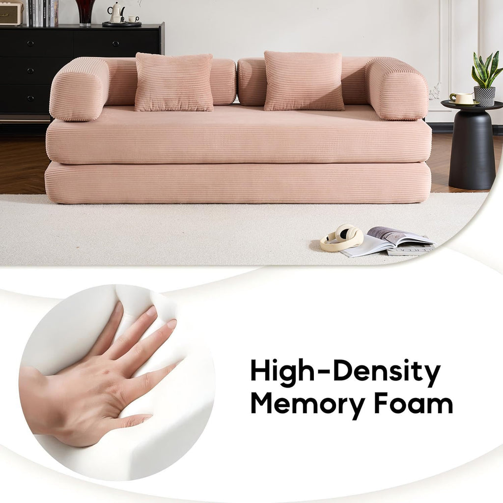 ZEIINPA 59“ Convertible Floor Sofa Bed, 5-in-1 Futon Sofa Bed Pull Out Sleeper Couch, Modern Corduroy Compressed Loveseat, Modular Boneless Couches for Living Room, No Assembly Required, Beige