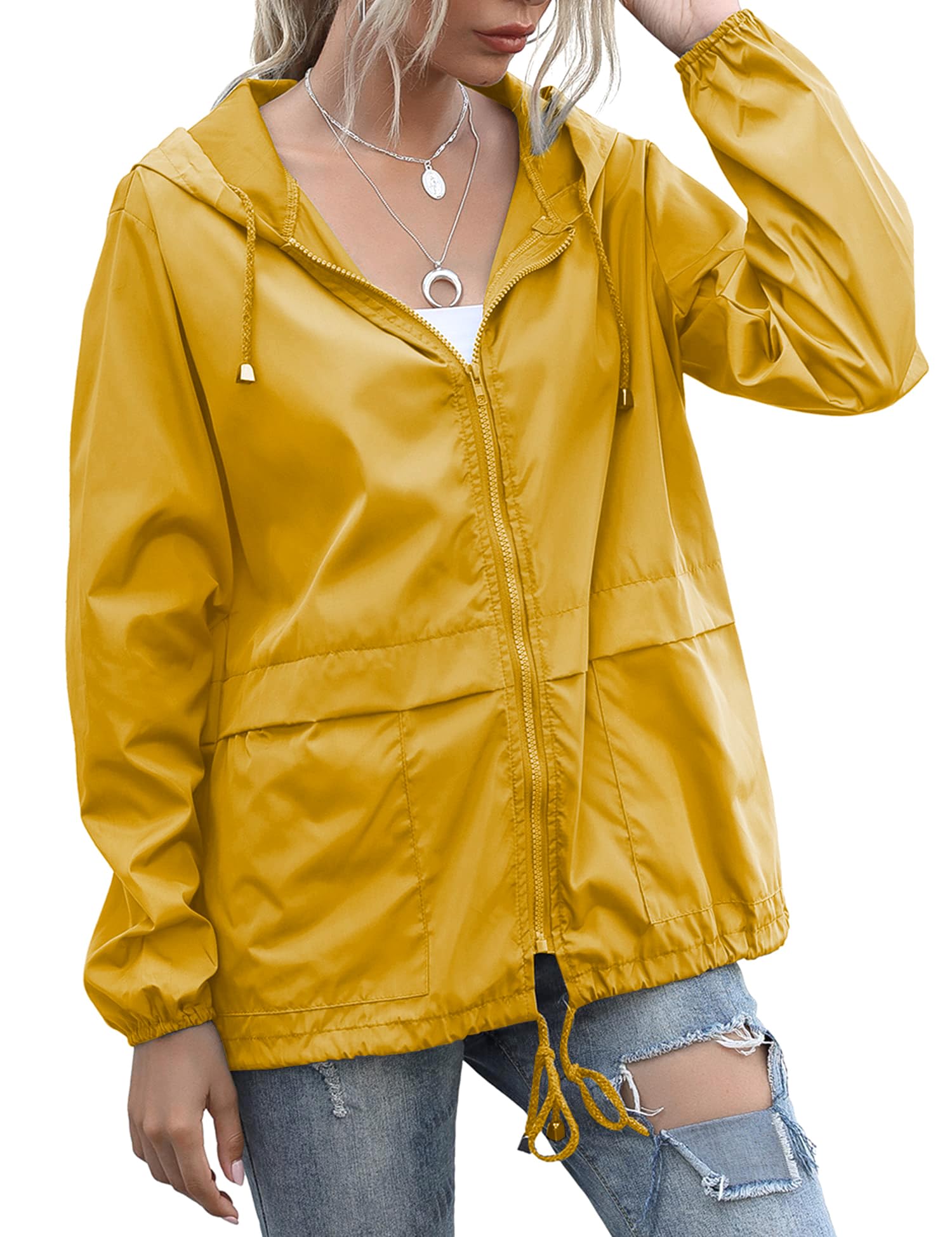 Women's Raincoats Lightweight Waterproof Windproof Adjustable Windbreaker Rain Jackets Hooded with Pockets S-XXL