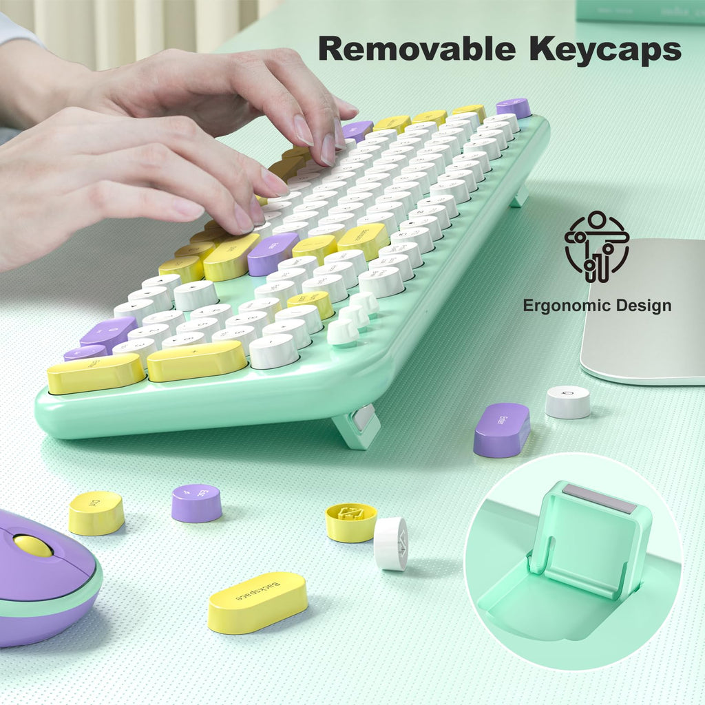 MOFII Wireless Keyboard and Mouse Combo, Compact Typewriter Retro Round Computer Keyboard and Mouse Set, Plug and Play, for Windows, Computer, Desktop, PC, Notebook - Black Green Gradient