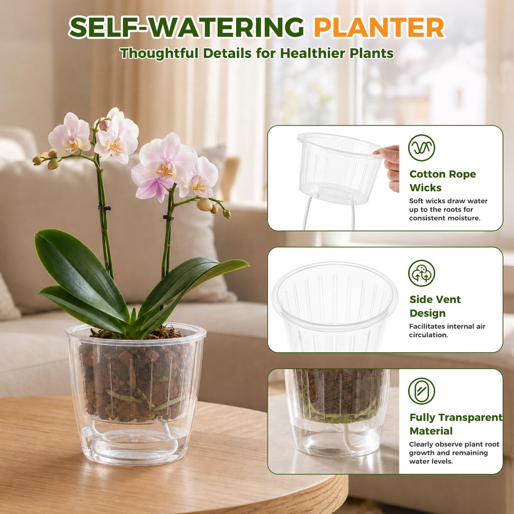 Self-Watering Pots for Indoor Plants, 16-Pack Self Watering Planter with Drainage Holes, Small African Violet Pots with Water Indicator, 10-Pack 5''/6-Pack 6.7'' Orchid Pot, Black