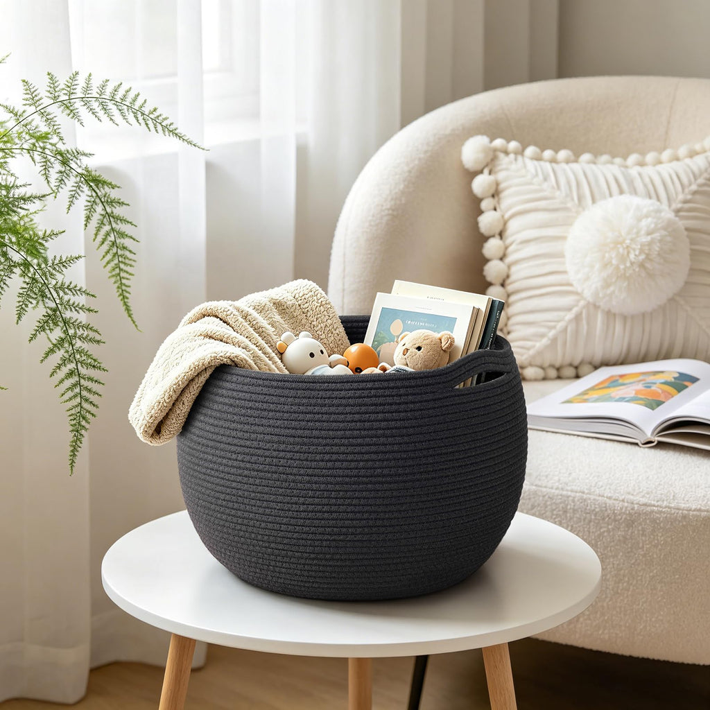 Goodpick Small Rope Storage Basket, Black Round Baskets for Socks, Dog Toys, Towels, Cute Baby Basket for Living Room, Bedroom, Nursery, Towel Baskets for Bathroom, 10 x 8.3 inches