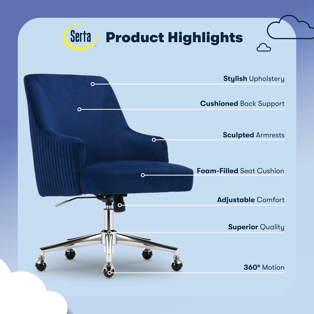 Serta Scarlett Modern Office Chair, Pleated and Curved Mid-Back Desk Chair, Pocket Coil Seat Cushion, Padded Armrests, Vanity Armchair with Wheels, Swivel Gold Base, Beige Velvet Fabric