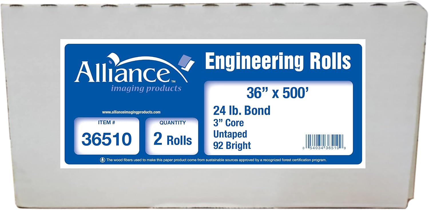 Alliance CAD Paper Rolls, 36” x 500’, 92 Bright, 24lb - 2 Rolls Per Carton - Ink Jet Bond Rolls with 3” Core