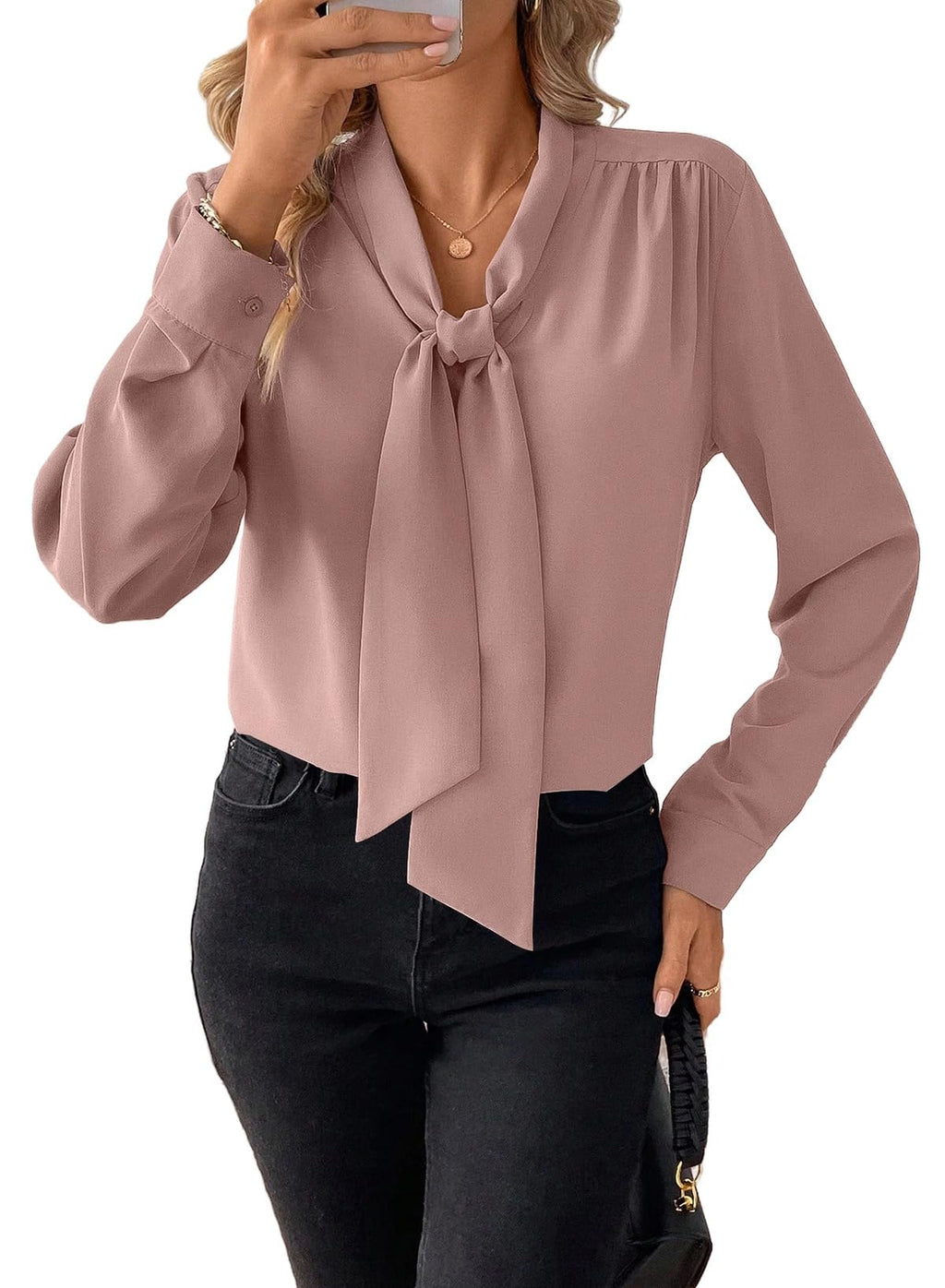 Astylish Women's Bow Tie Neck Tops 2026 Long Sleeve Dressy Loose Casual Elegant Business Work Blouses Shirts