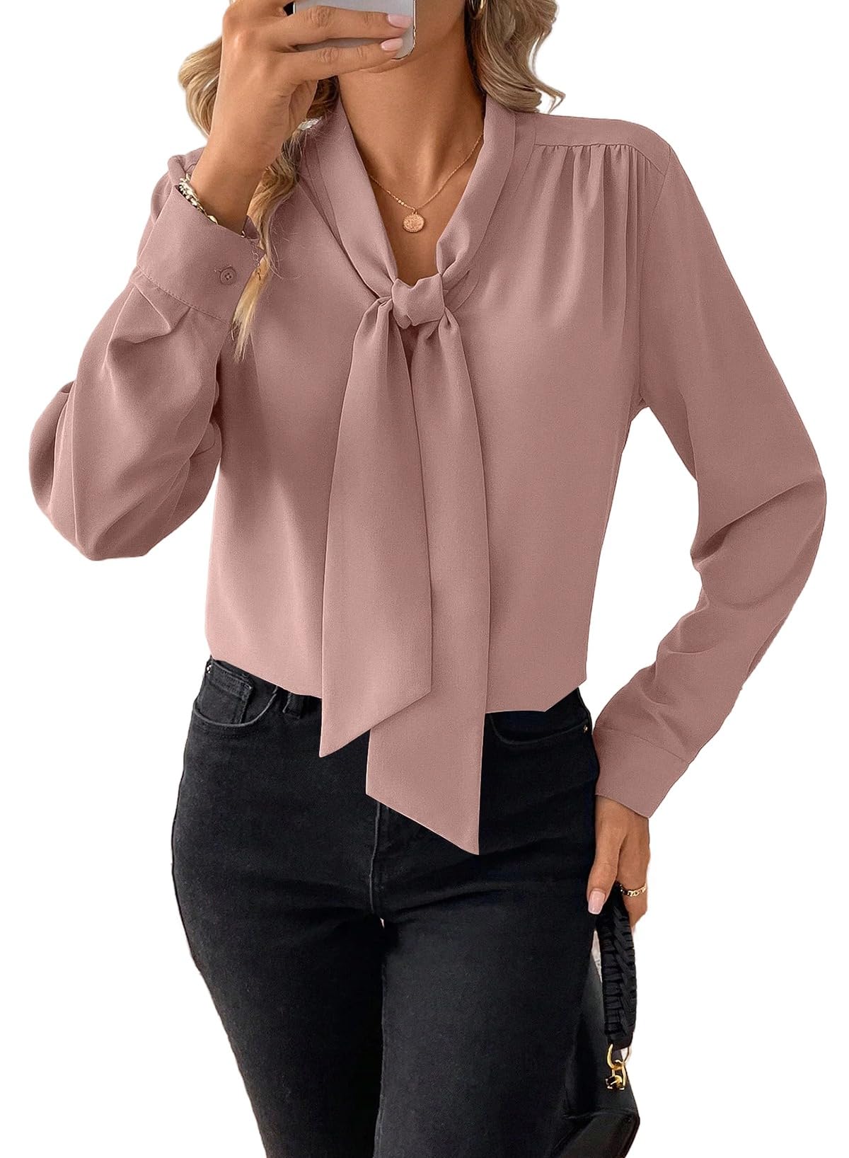 Astylish Women's Bow Tie Neck Tops 2026 Long Sleeve Dressy Loose Casual Elegant Business Work Blouses Shirts