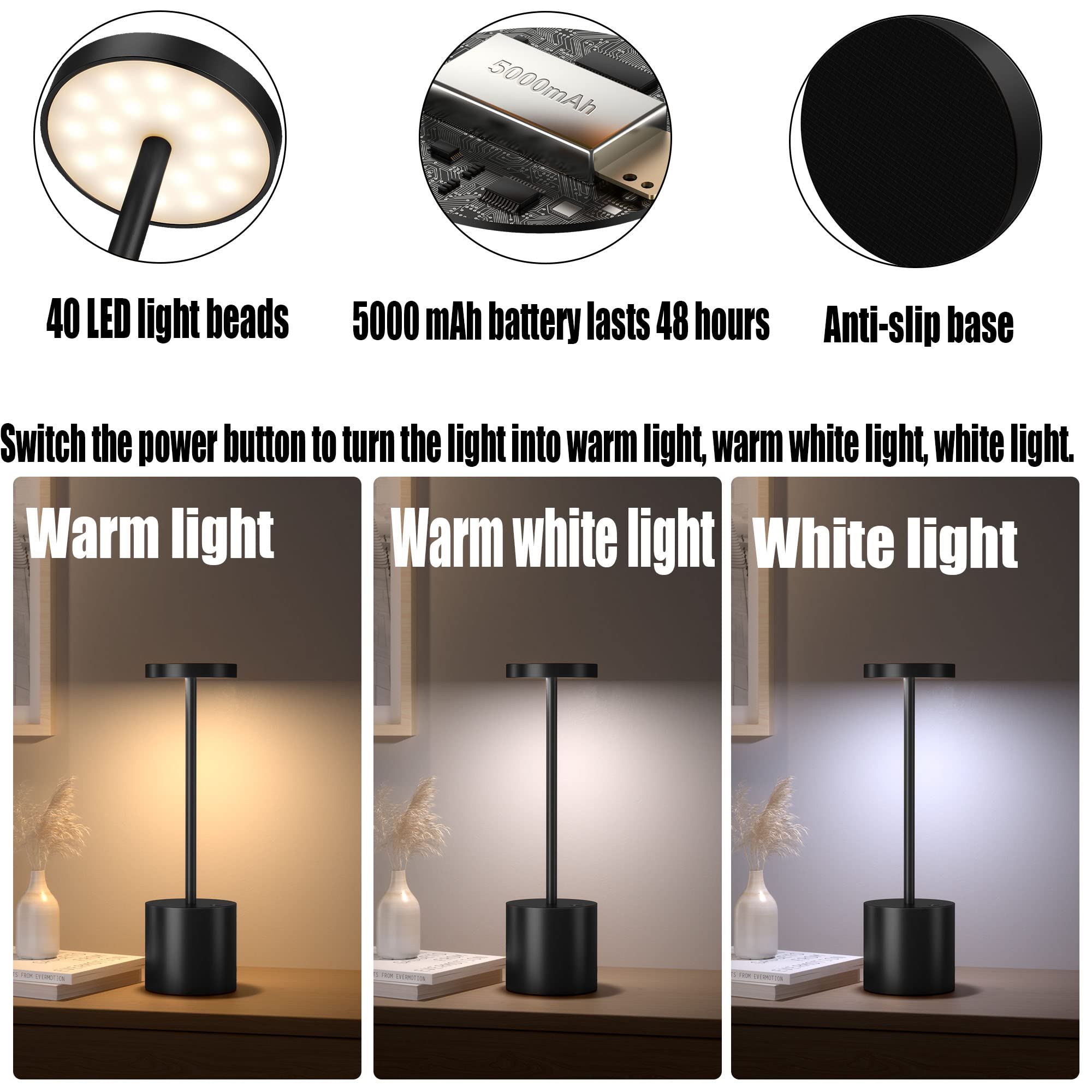 2Pack Cordless Table Lamp, Rechargeable LED Battery 5000mAh Metal USB Portable Powered Desk Lamp, 3 Levels Brightness Light for Restaurants Outdoor (2pack 10.25in Titanium)