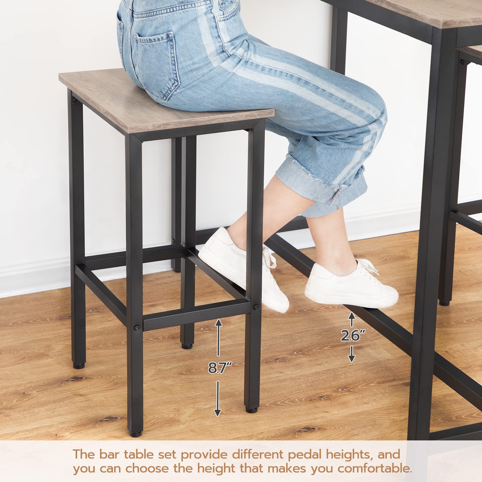 Rectangular Pub Bar Table & Stools Set, 3-Piece Breakfast Table, Grey, HOOBRO