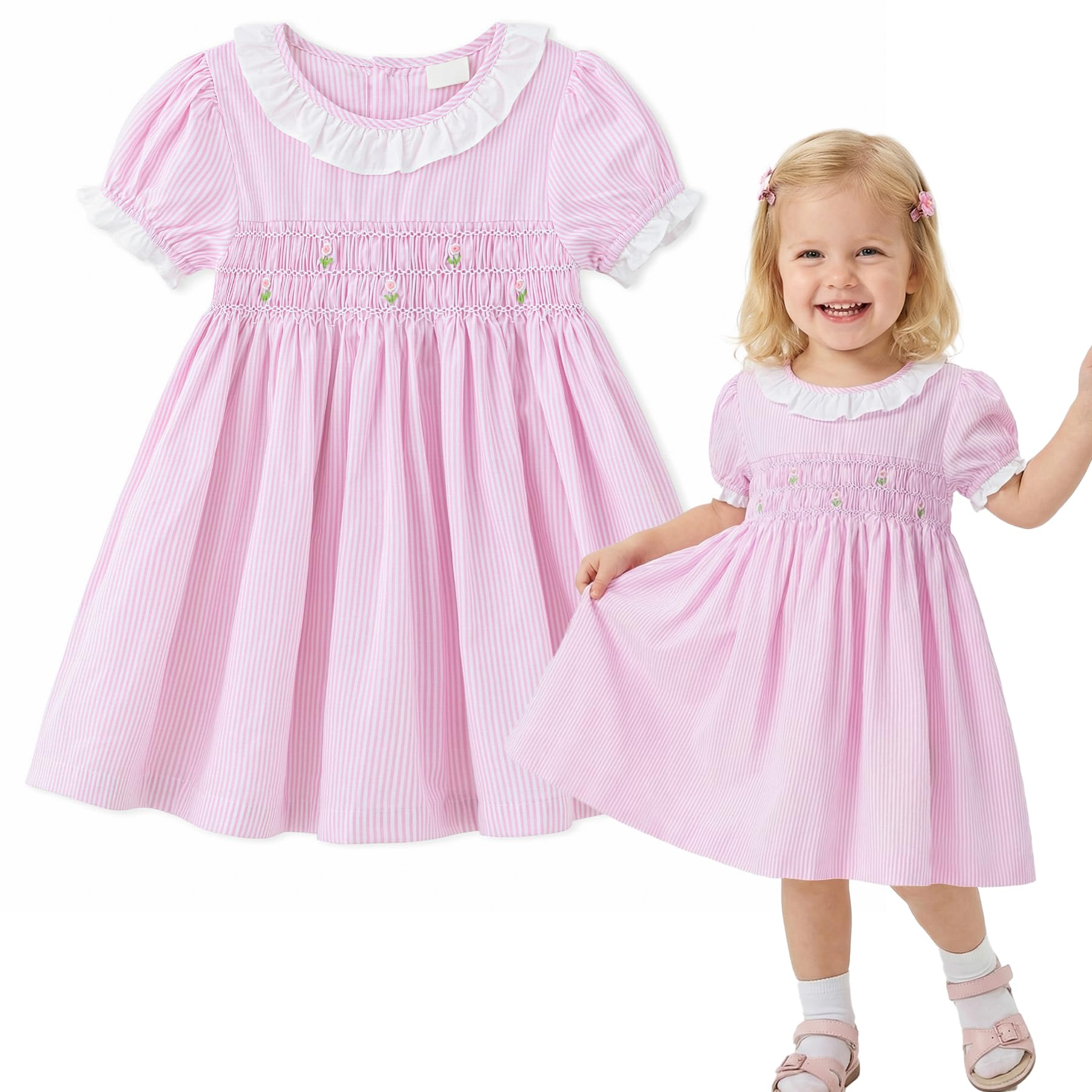 Simplee kids Baby Girl Smocked Dress Summer Casual Short Sleeve Dresses Floral Print Sundress Princess Dress for Toddlers