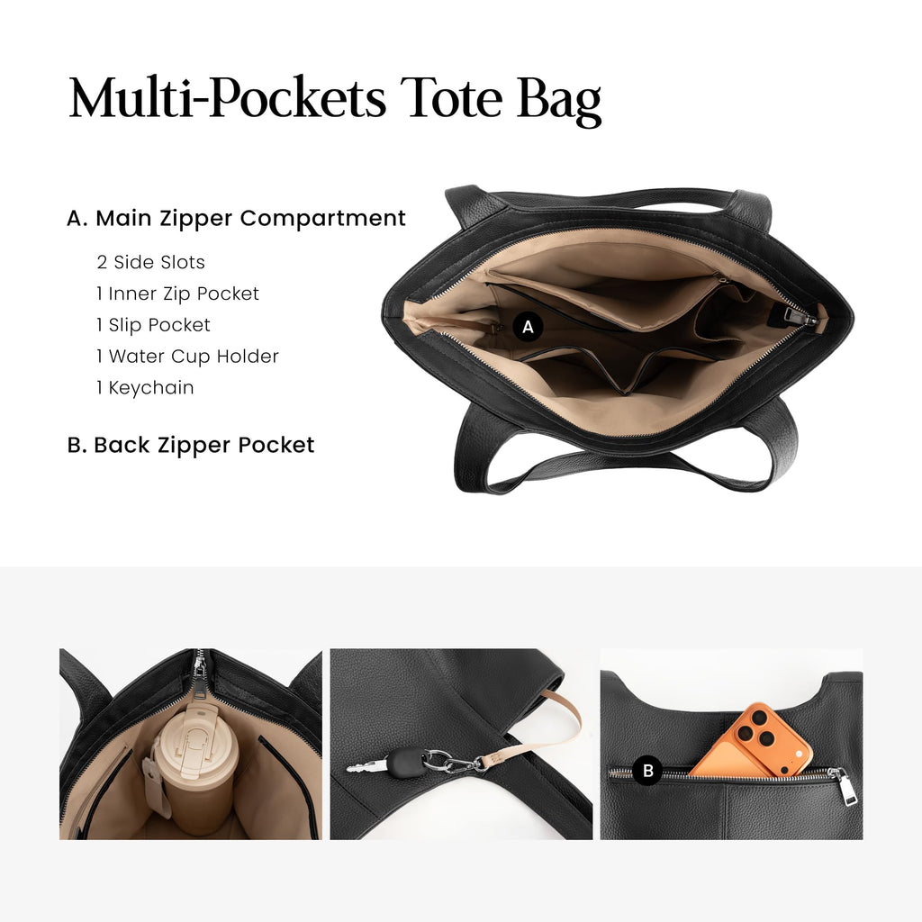 befen Soft Genuine Leather Tote Bag for Women Work with Zipper Slouchy Bags