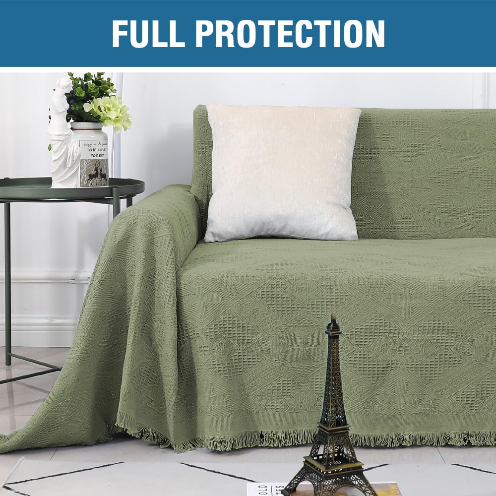 H.VERSAILTEX Cotton Sofa Covers Couch Cover Sofa Slipcover for Most Shape Sofas, Feature Thick Woven Jacquard Seamless with Tassels, Multi-Use Decorative for Couch (Medium: 71" x 91", Green)