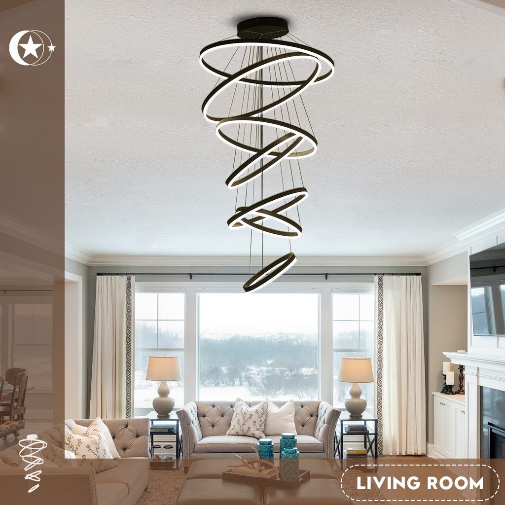 5-Rings Modern LED Chandelier Black Dimmable High Ceiling Chandelier for Dining Room with Remote Control for Foyer Living Room Entryway Staircase(D23.6’’, 3000K-6500K)