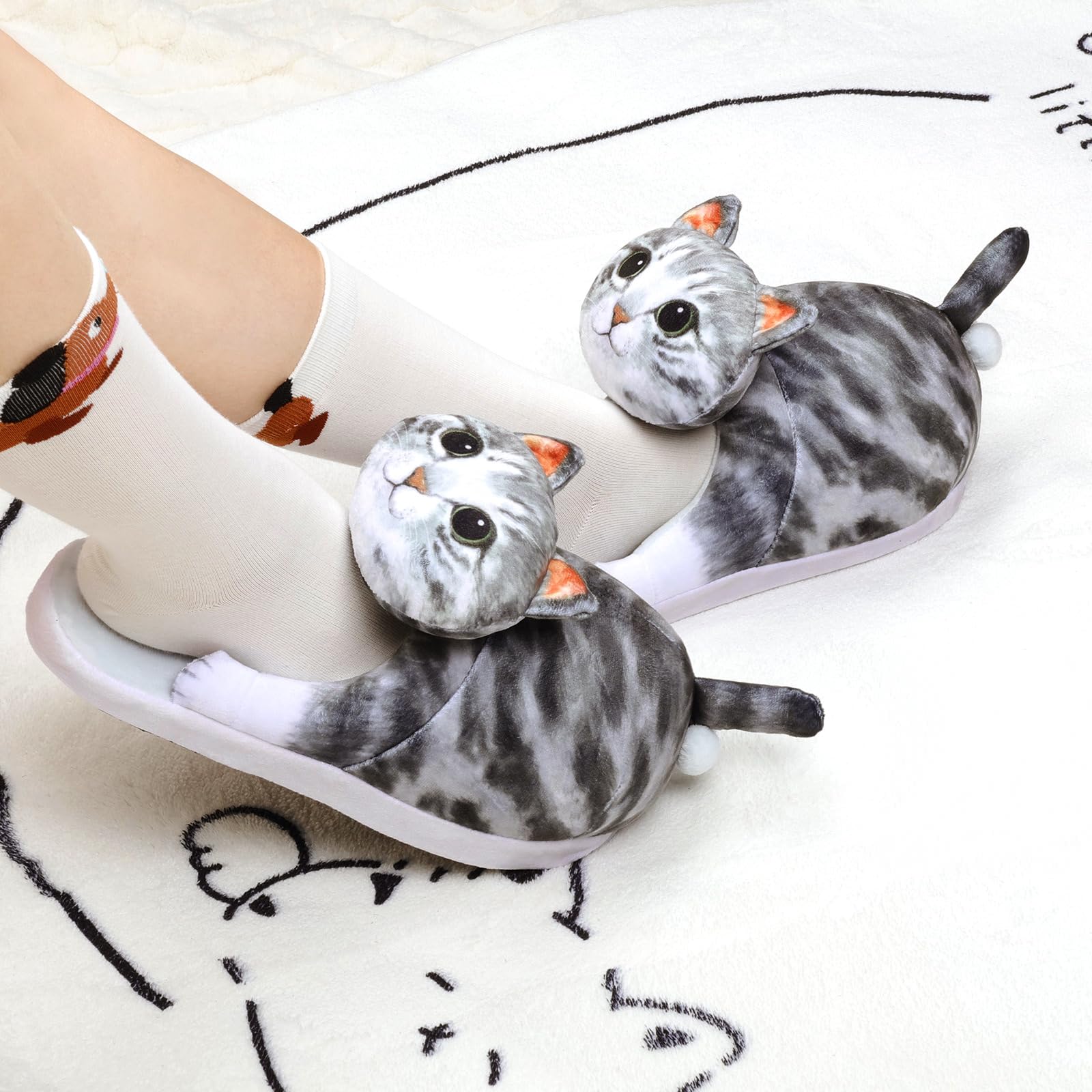 Funny Cat Slippers for Women,Fuzzy Animal Indoor House Shoes with Soft Memory Foam,Comfy Plush Warm Slip-on Slippers,Cat Gifts for Cat Lover