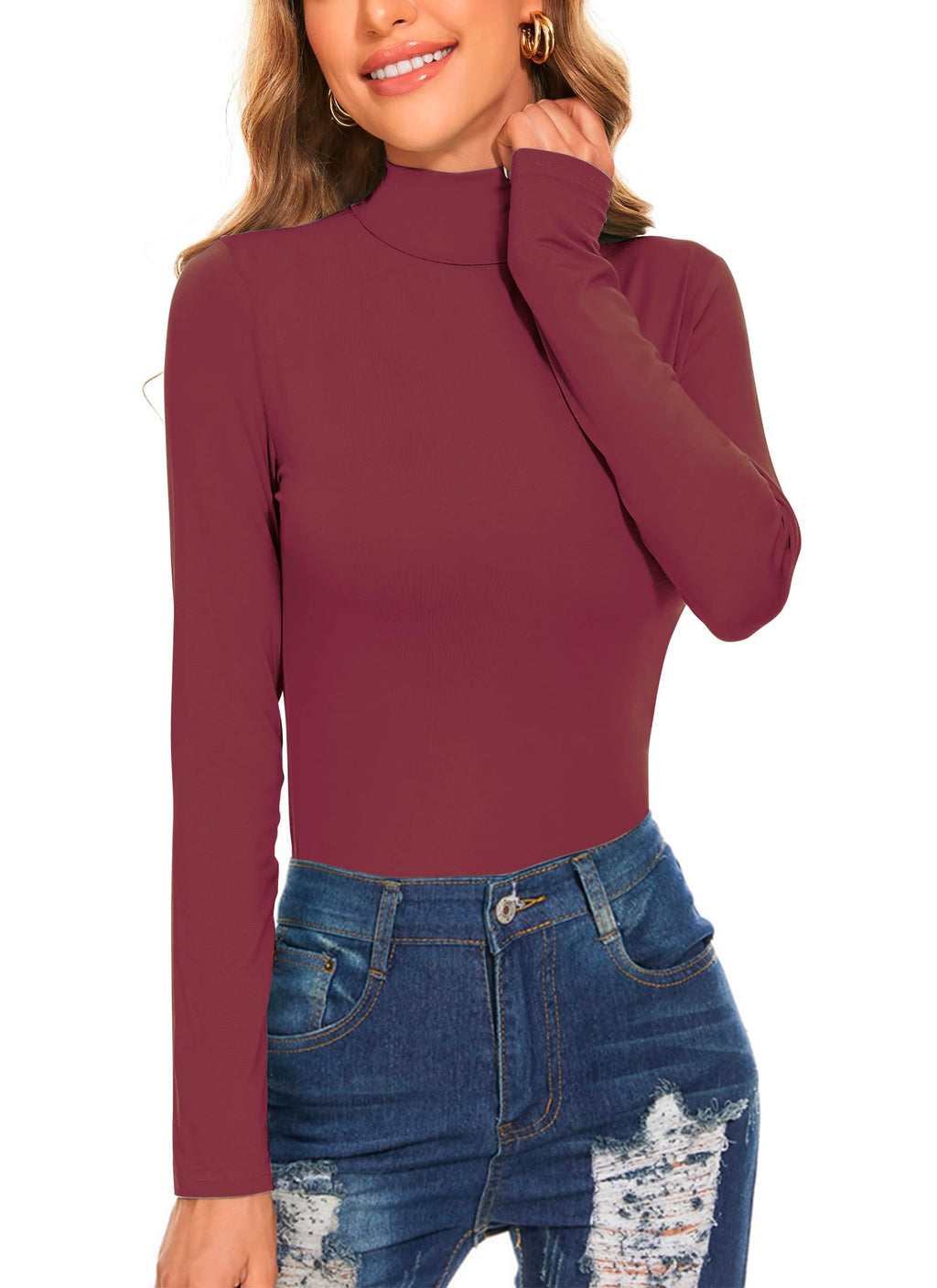 Women's Long Sleeve Mock Turtleneck Tops Casual Slim Fitted Lightweight Under Layer Pullover Shirts