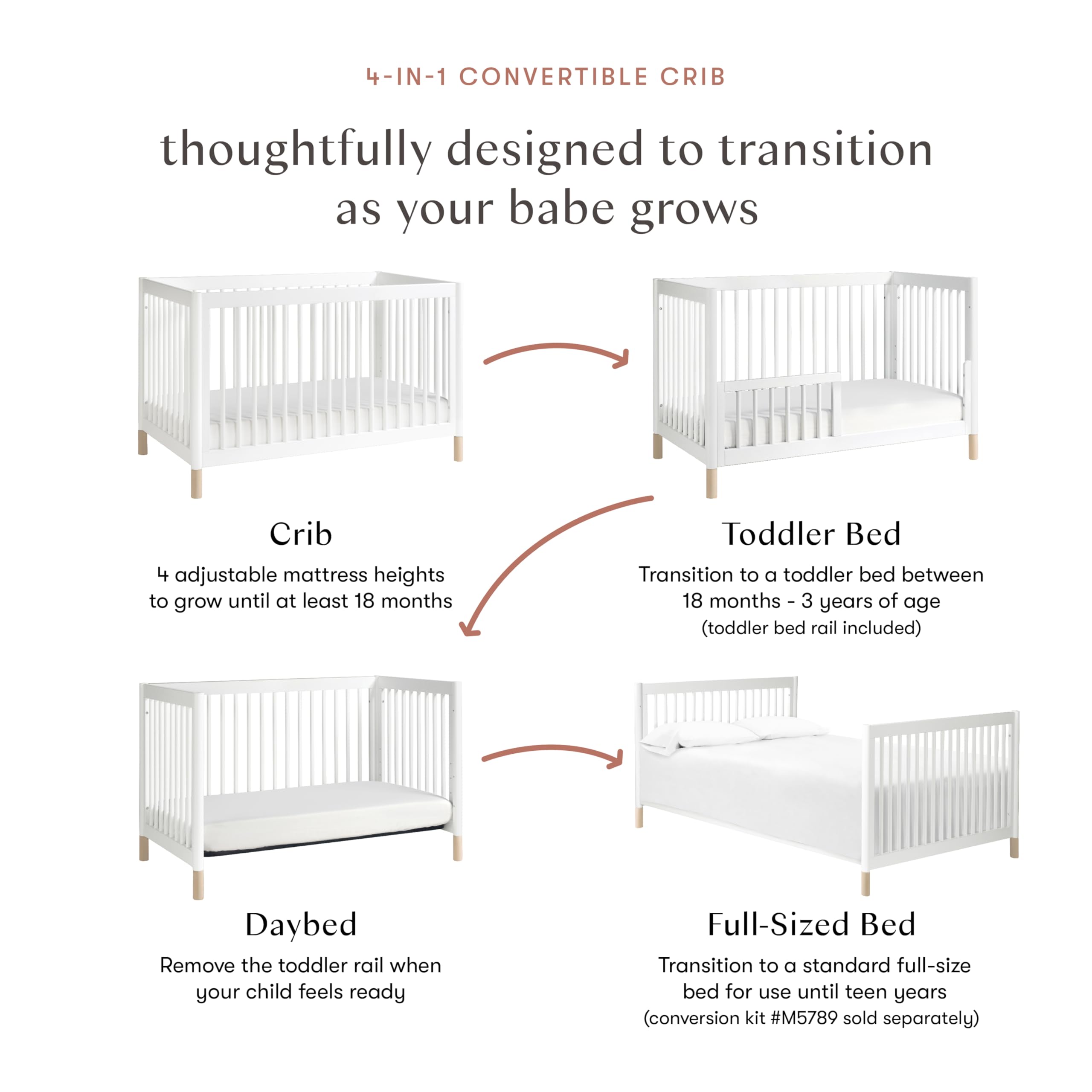 Babyletto Gelato 4-in-1 Convertible Crib with Toddler Bed Conversion in Natural Walnut and Brushed Gold Feet, Greenguard Gold Certified