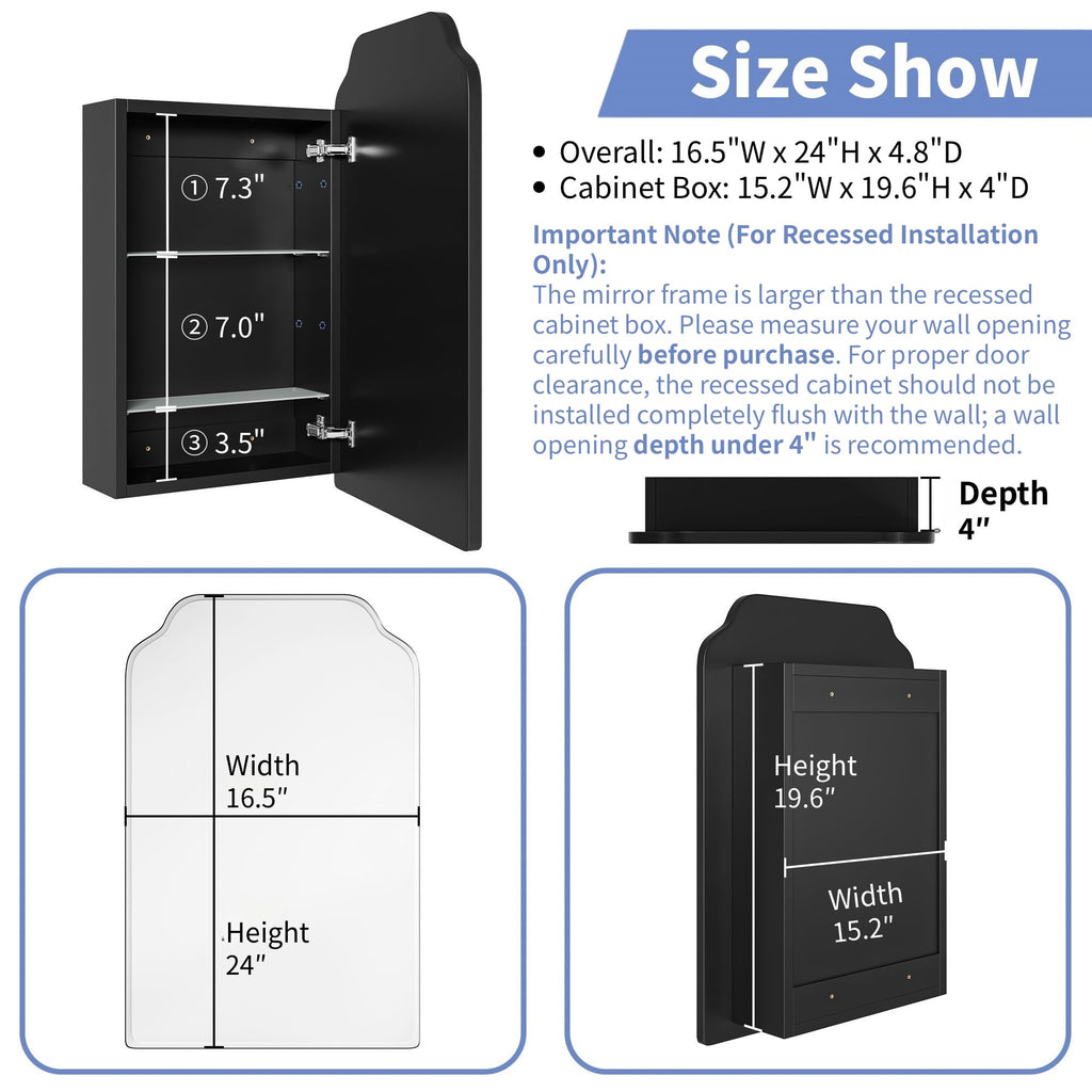 AGDULL Victorian Surface Mount or Recessed Medicine Cabinet, Wood Bathroom Wall Cabinet with Arched Mirror, Black, Left-Swing Door, Overall 16.5" W x 24" H