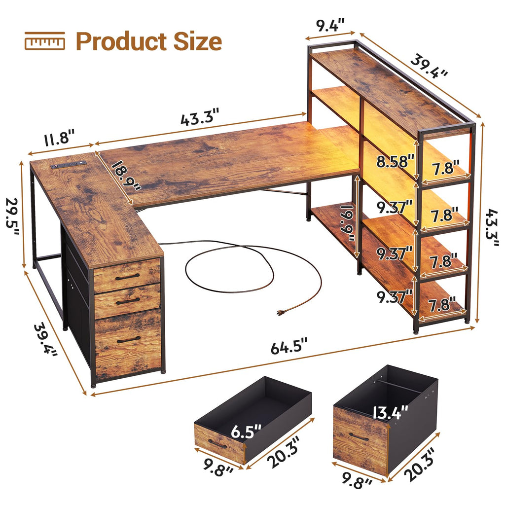 SEDETA L Shaped Gaming Desk, Reversible U Shaped Computer Desk with Power Outlet and Storage Shelves, Corner Gaming Desk with LED Lights, 3 Fabric Drawers, Black