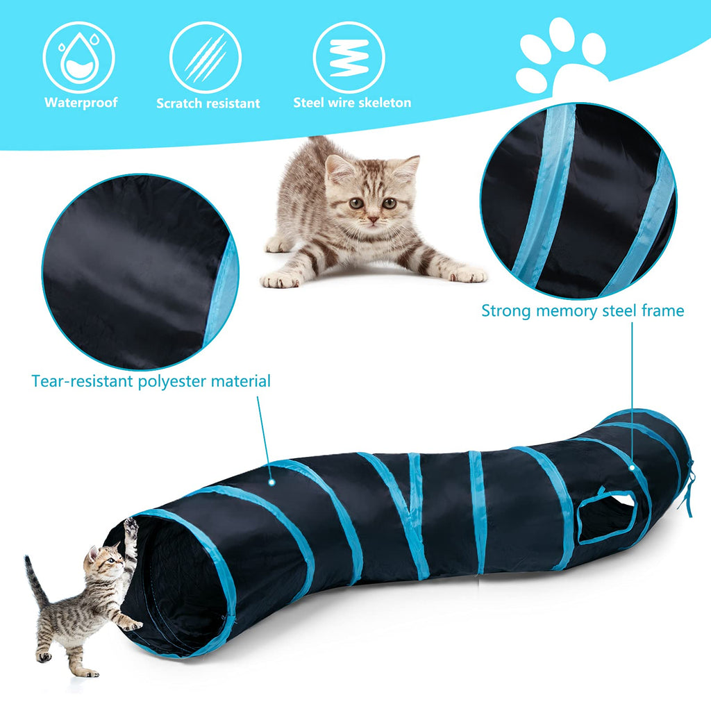 Sheldamy Cat Tunnel, 2-Way Collapsible Play Tunnel, Interactive Toy Maze for Small Animals, Suitable for Kittens, Puppies, Rabbits, Ferrets, Blue & Black