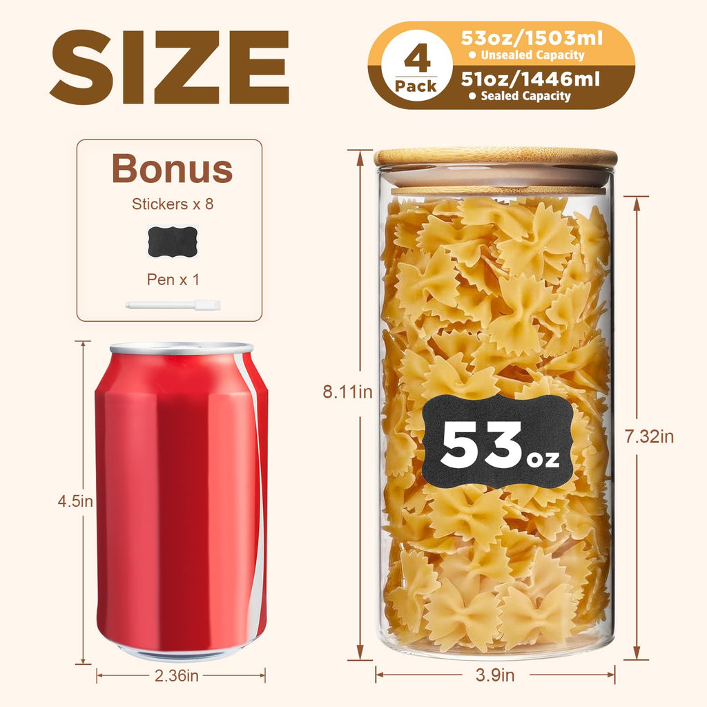 SHOWIN 73oz Glass Pasta Storage Jars, Tall Glass Jars with Bamboo Lids, Spaghetti Container, Set of 3, Kitchen Storage Containers for Pasta, Pantry Organizers