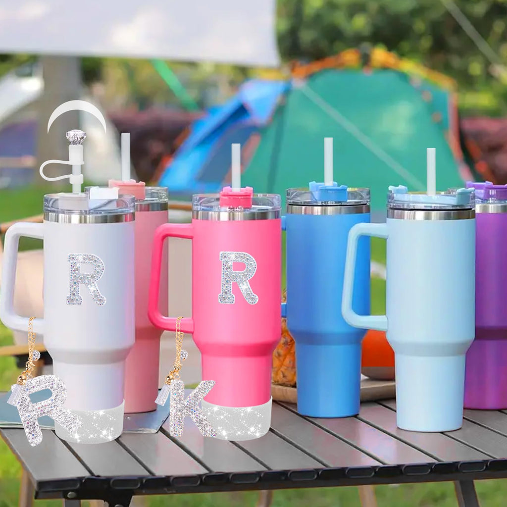 Mity rain Accessories Set for Stanley Cup, Initials Decorations for Tumbler Cup 30/40OZ, Including Diamond Straw Topper/Spill Proof Stopper/Sparkly Silicone Boot Set/Letter Charms for Handle A-Z (A-)