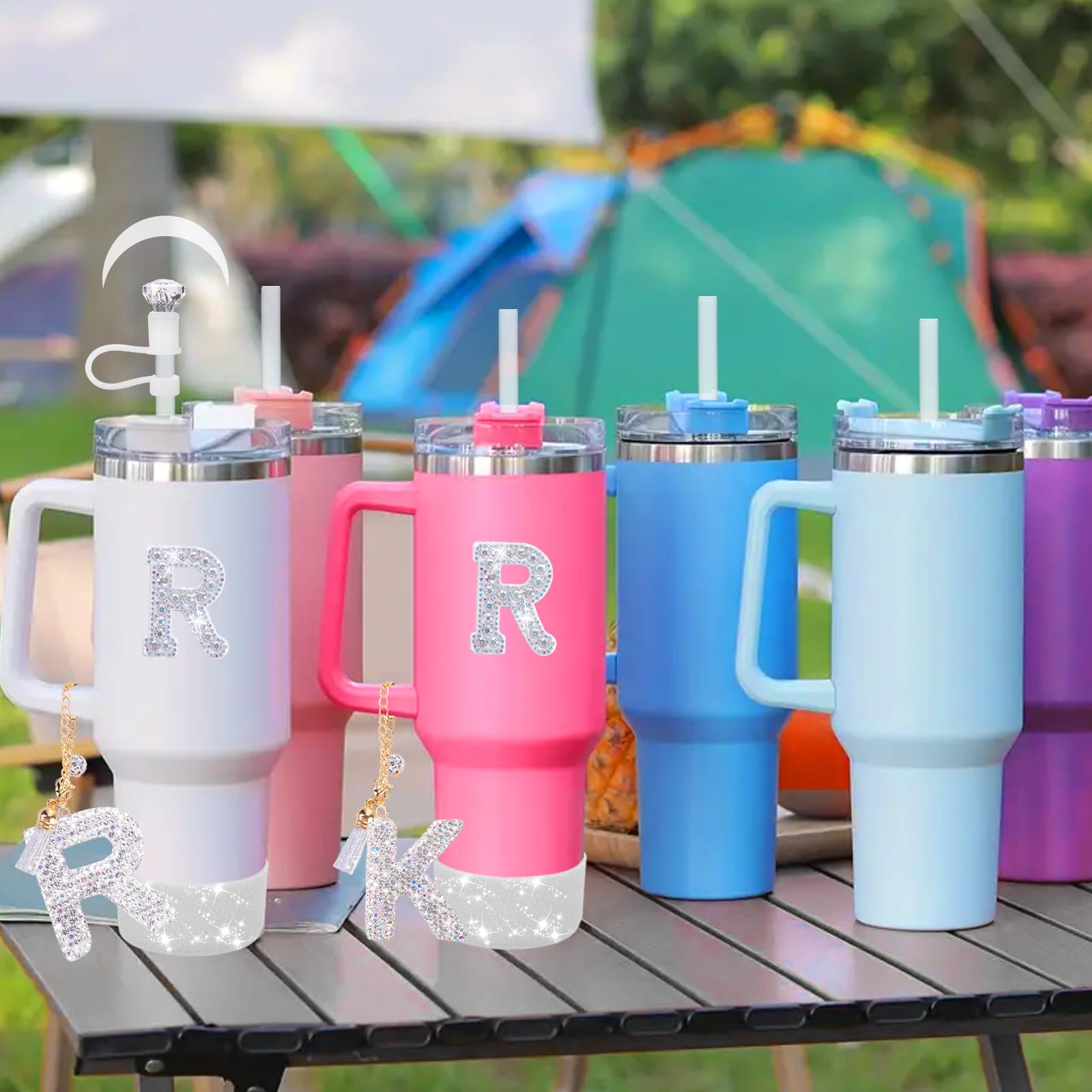 Mity rain Accessories Set for Stanley Cup, Initials Decorations for Tumbler Cup 30/40OZ, Including Diamond Straw Topper/Spill Proof Stopper/Sparkly Silicone Boot Set/Letter Charms for Handle A-Z (A-)