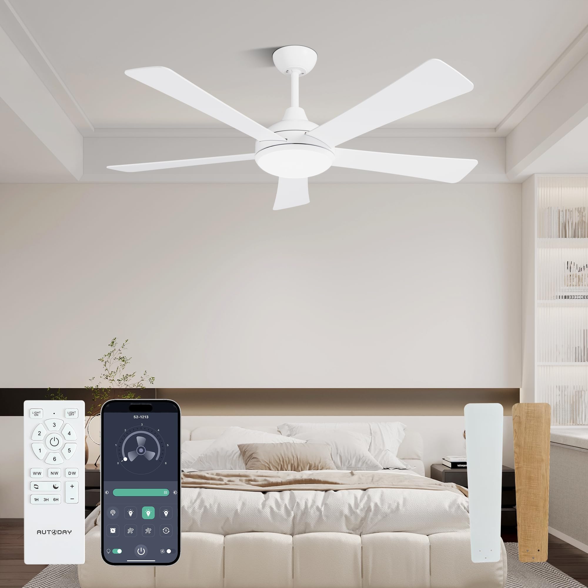 42 Inch Low Profile Ceiling Fan with Light, White Ceiling Fans with Lights and Remote, Flush Mount, 6 Speeds Reversible Quiet DC, 3CCT Dimmable, Indoor Outdoor Ceiling Fans for Patios Bedroom