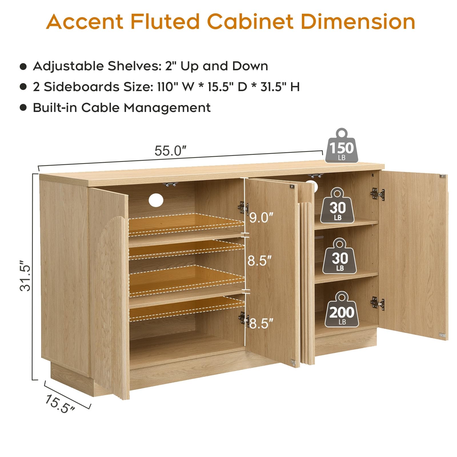 Yechen 55" Fluted Sideboard Buffet Cabinet with Storage, Wood Mid Century Modern Credenza Cabinet w/Arched Reeded Doors & Adjustable Shelves for Kitchen, Living Room, Entryway