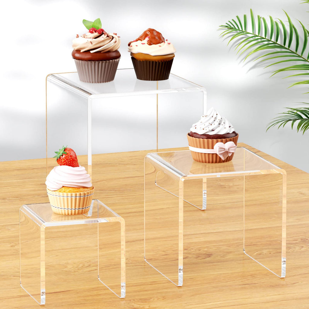 NIUBEE Acrylic Display Risers Stand 2 Sets,3 Steps Clear Riser Shelf Showcase for Amiibo Funko POP Figures -3"x3"x4"