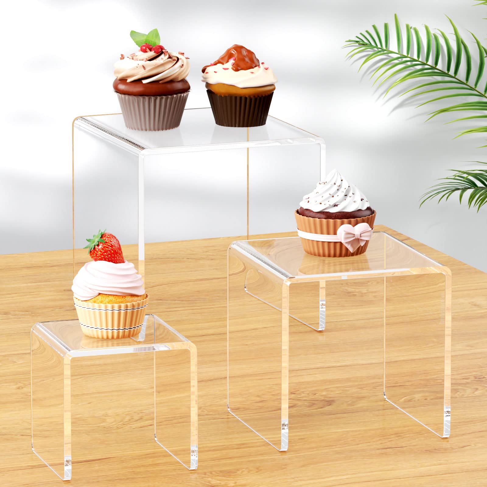 NIUBEE Acrylic Display Risers Stand 2 Sets,3 Steps Clear Riser Shelf Showcase for Amiibo Funko POP Figures -3"x3"x4"