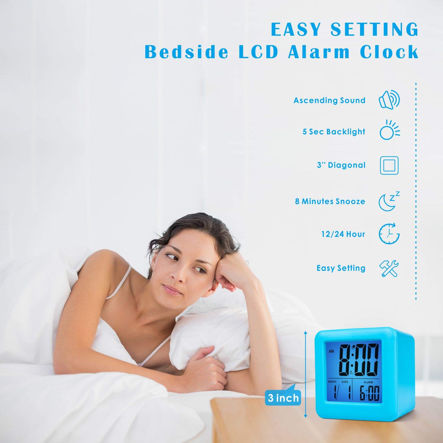 Plumeet Digital Alarm Clock Kids Clock with Snooze and White Nightlight - Easy Setting Travel Alarm Clocks Display Time, Date, Alarm - Ascending Sound - Battery Powered (Baby Blue)