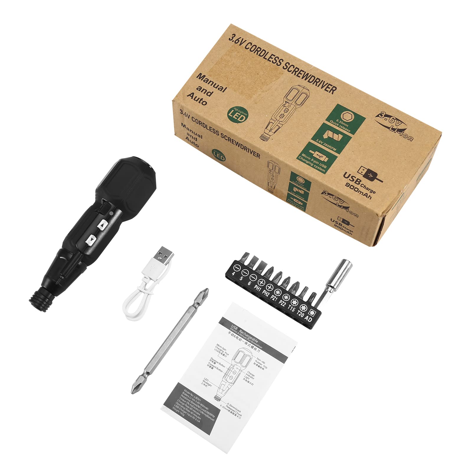 AMIR Cordless Power Screwdriver, Rechargeable Electric Screwdriver Sets, Portable Automatic Home Repair Tool Kit, Motorized Screwdriver with USB Cable and LED Lights