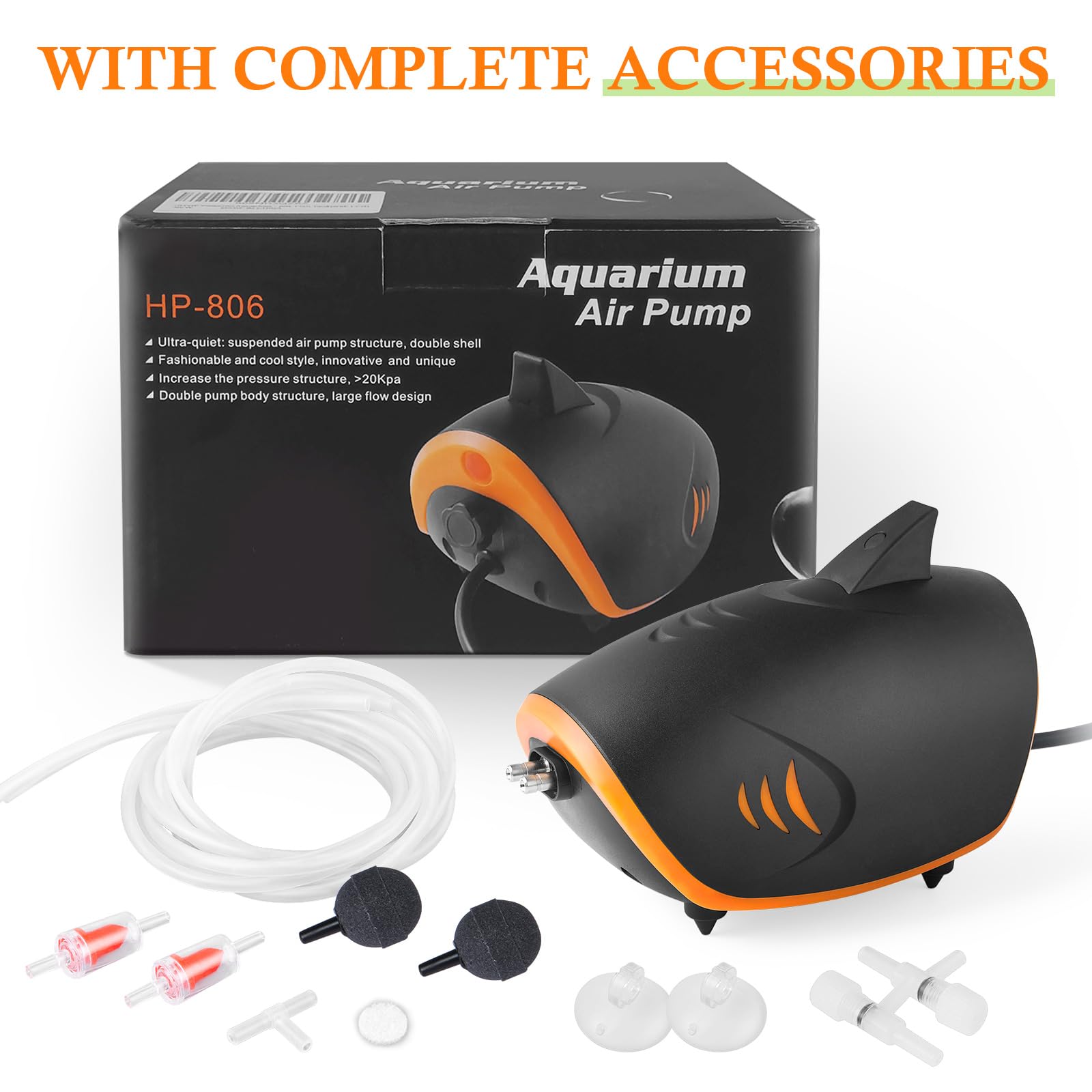 HITOP 4W 110GPH Powerful Aquarium Air Pump, Quiet 2-outlets Aquarium Aerator, Adjustable Fish Tank Air Pump with Accessories, for 20-200 Gallon Tank, with ON/Off Button