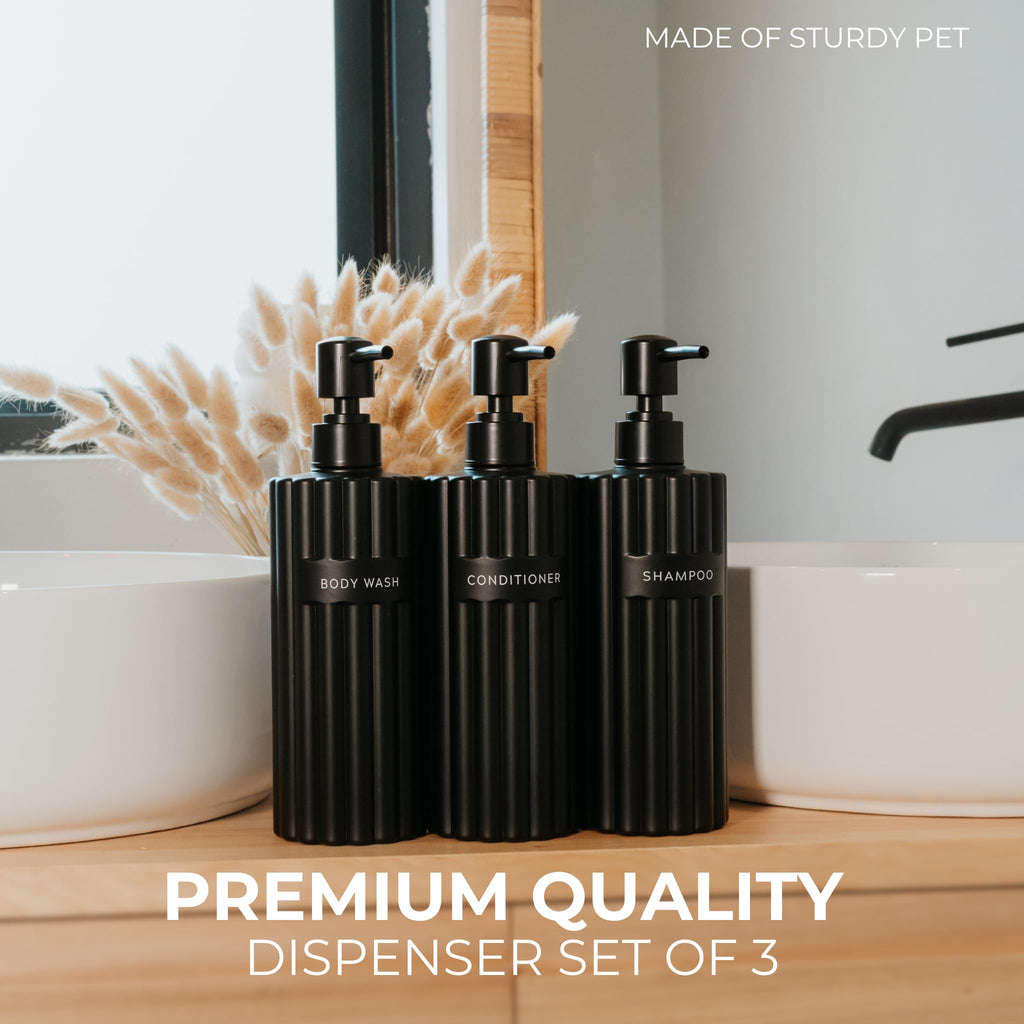 Stylish Shampoo and Conditioner Dispenser Set of 3 - Modern 19oz Shower Soap Bottles with Pump and Labels - Easy to Refill Body Wash Dispensers for an Instant Bathroom Decor Upgrade