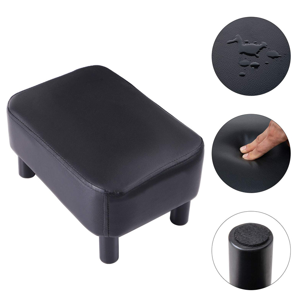 IBUYKE 16.54" Small Footstool, PU Faux Leather Step Stool, with Padded Seat Pine Wood Legs and Padded Rectangular Stool, for Bedroom, Black RF-BD210