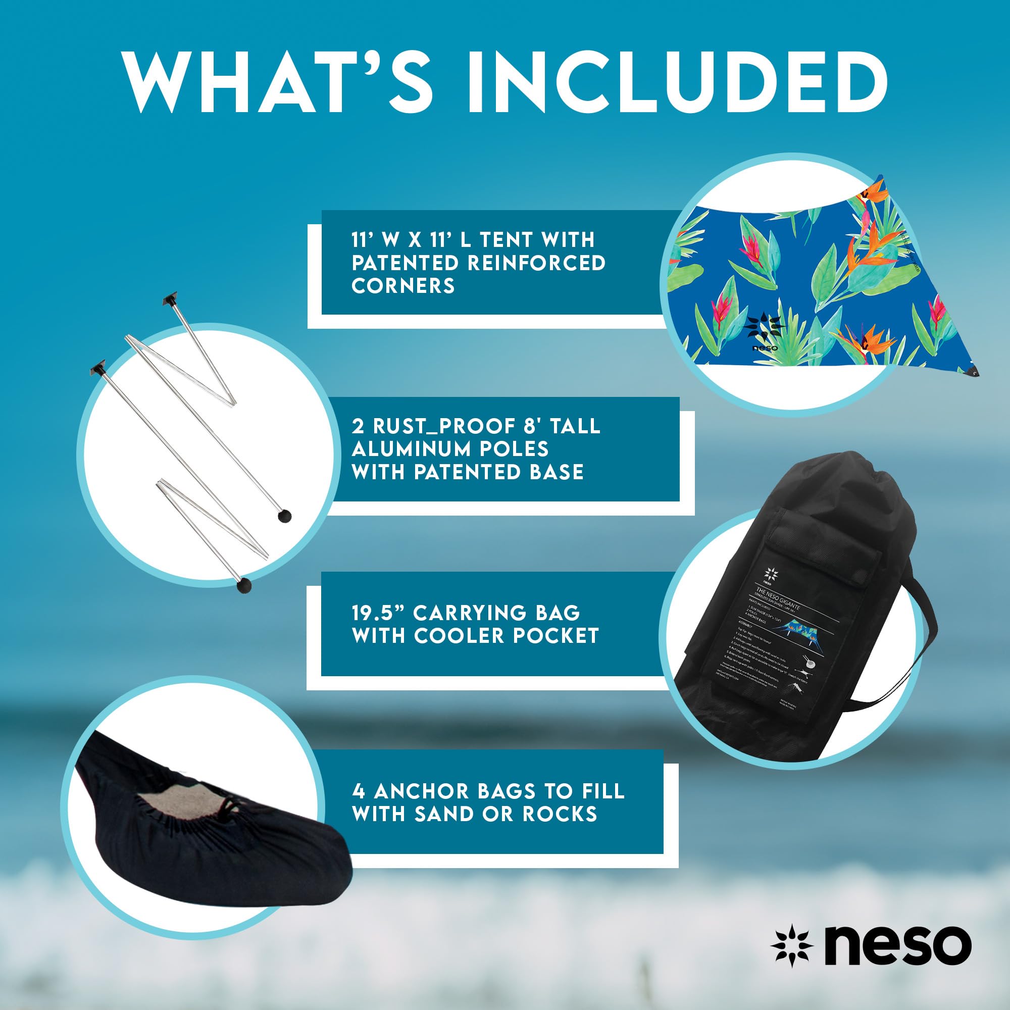 Neso Gigante Portable Beach Tent Sun Shelter - Lightweight Beach Shade Canopy - Easy Setup for Family Outings - Patented Reinforced Corners - UPF 50+ - 8ft Tall, 11 x 11ft - Save The Whales