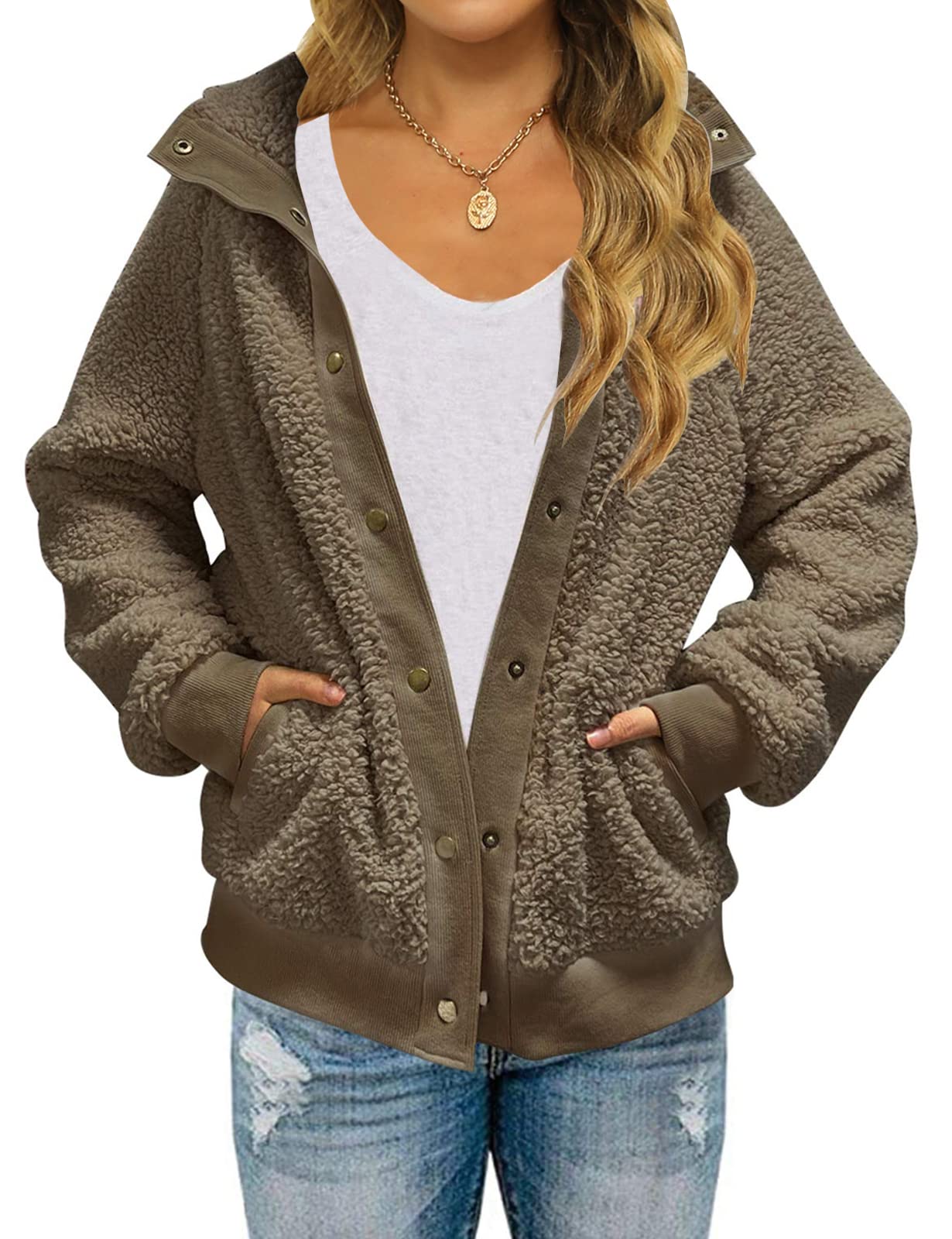 MEROKEETY Womens Fleece Sherpa Jacket Fall Winter Coats 2026 Fuzzy Button Down Warm Outerwear with Pockets