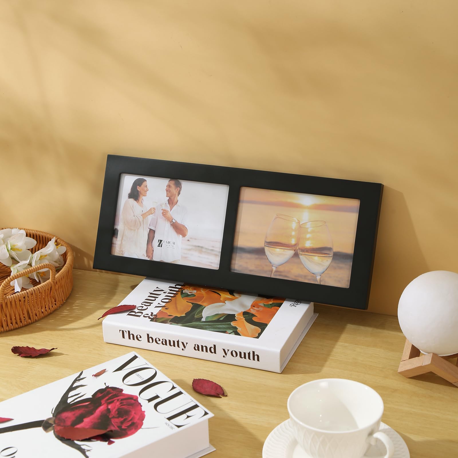 4x6 2-Opening Collage Frame Black Wood | Two 4x6 openings, shatter-resistant glass, tabletop & wall mount