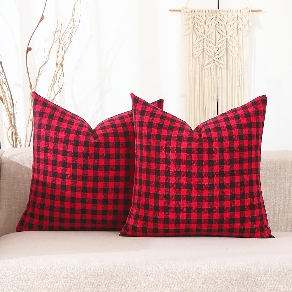 CARRIE HOME Black and White Buffalo Plaid Outdoor Pillow Covers 16x16 Set of 2, 16 x 16 Modern Farmhouse Decor Couch Pillows, Black White Winter Christmas Holiday Plaid Pillows (No Pillow Inserts)