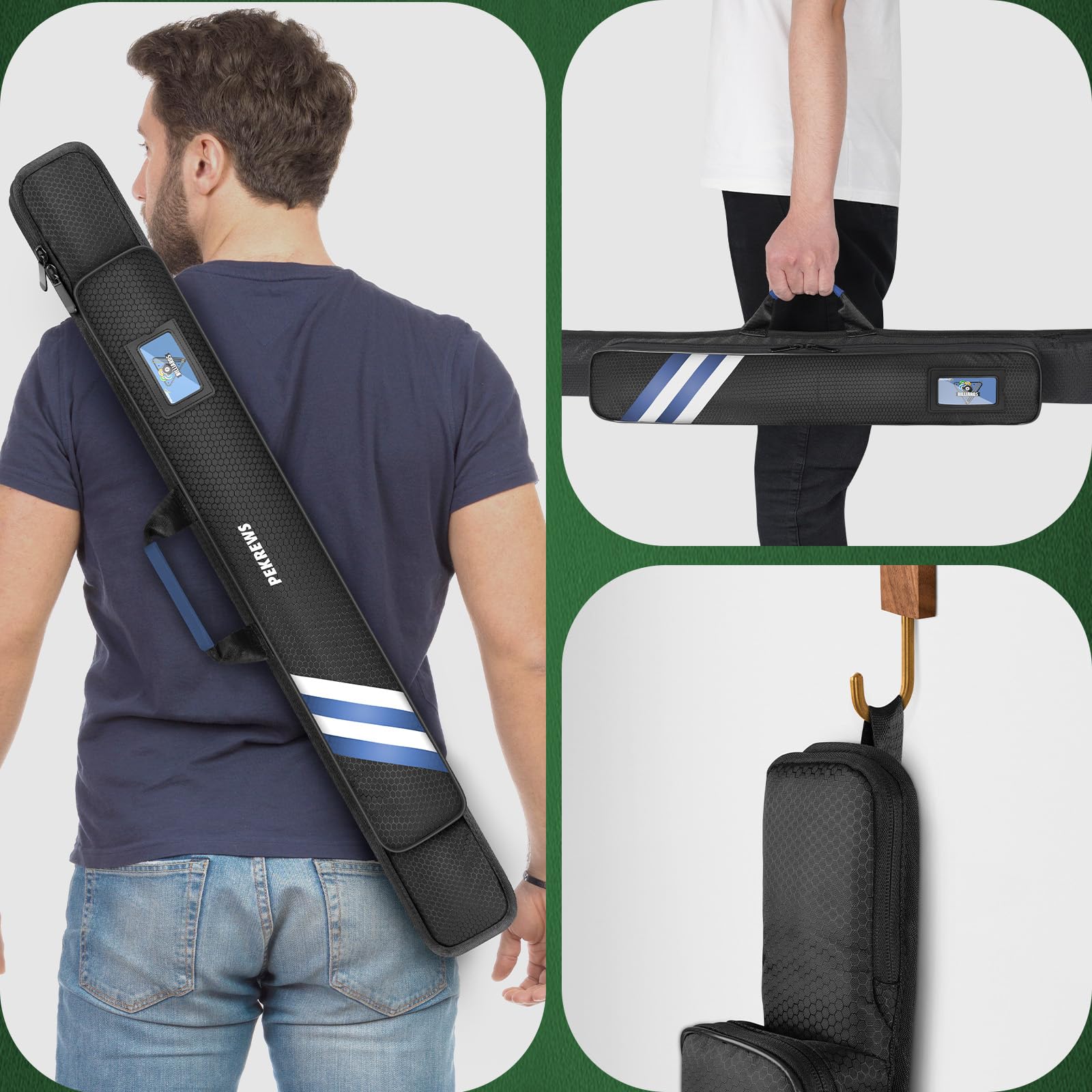PEKREWS Pool Cue Case, Soft Pool Stick Case 1x1 Holds 1 Butt and 1 Shaft with Queue Zipper Pocket, Sturdy Polyester Billiard Cue Bag with Shoulder Strap Handle, Billiard Stick Bag for Men and Women