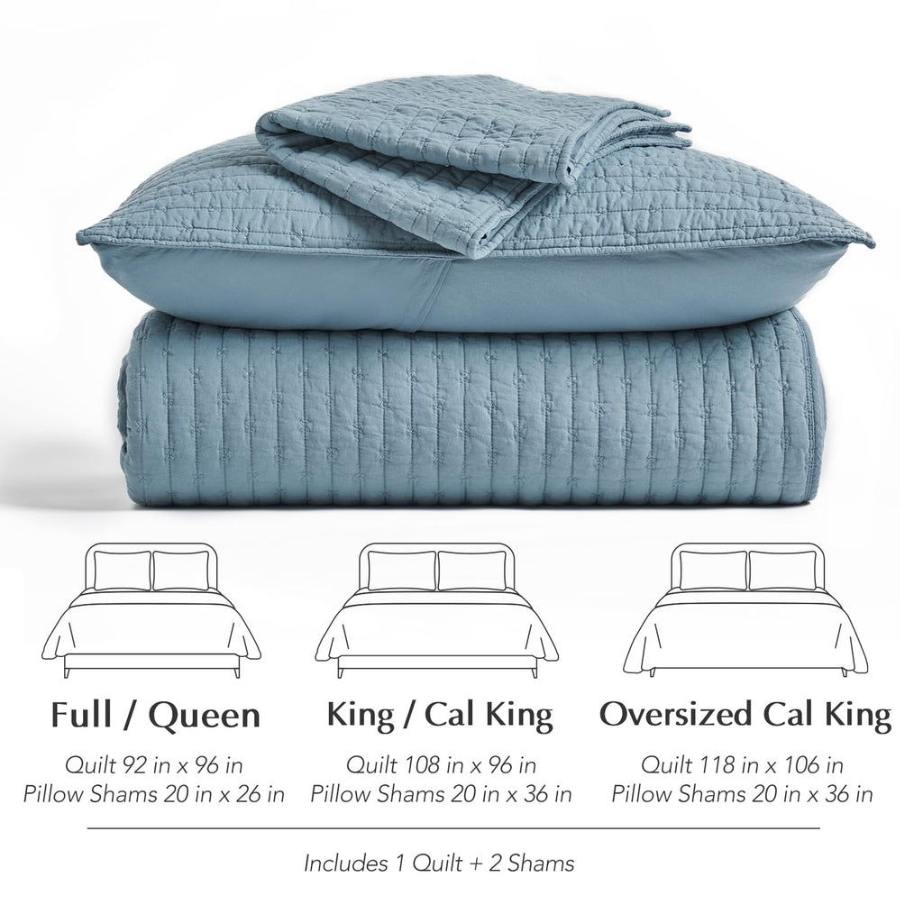 EVERGRACE Cotton Border Frame Tack-Stitch Quilt Bedding Set Queen Size, Coastal Oversized 3 Pieces Lightweight Bedspread Coverlet for All Season, with 2 Matching Shams, Blue Linen