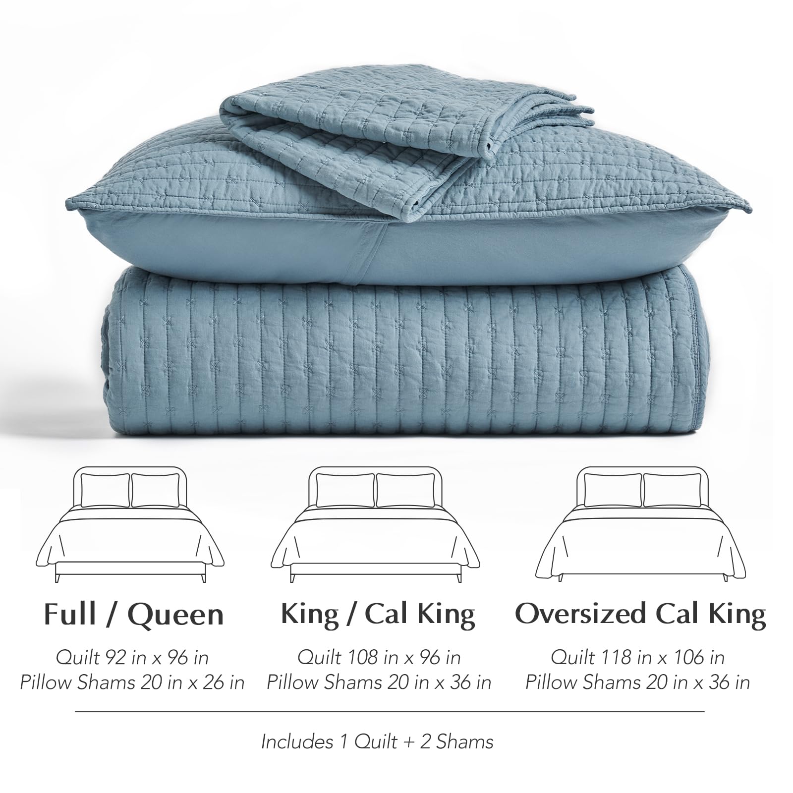 EVERGRACE Cotton Border Frame Tack-Stitch Quilt Bedding Set Queen Size, Coastal Oversized 3 Pieces Lightweight Bedspread Coverlet for All Season, with 2 Matching Shams, Blue Linen