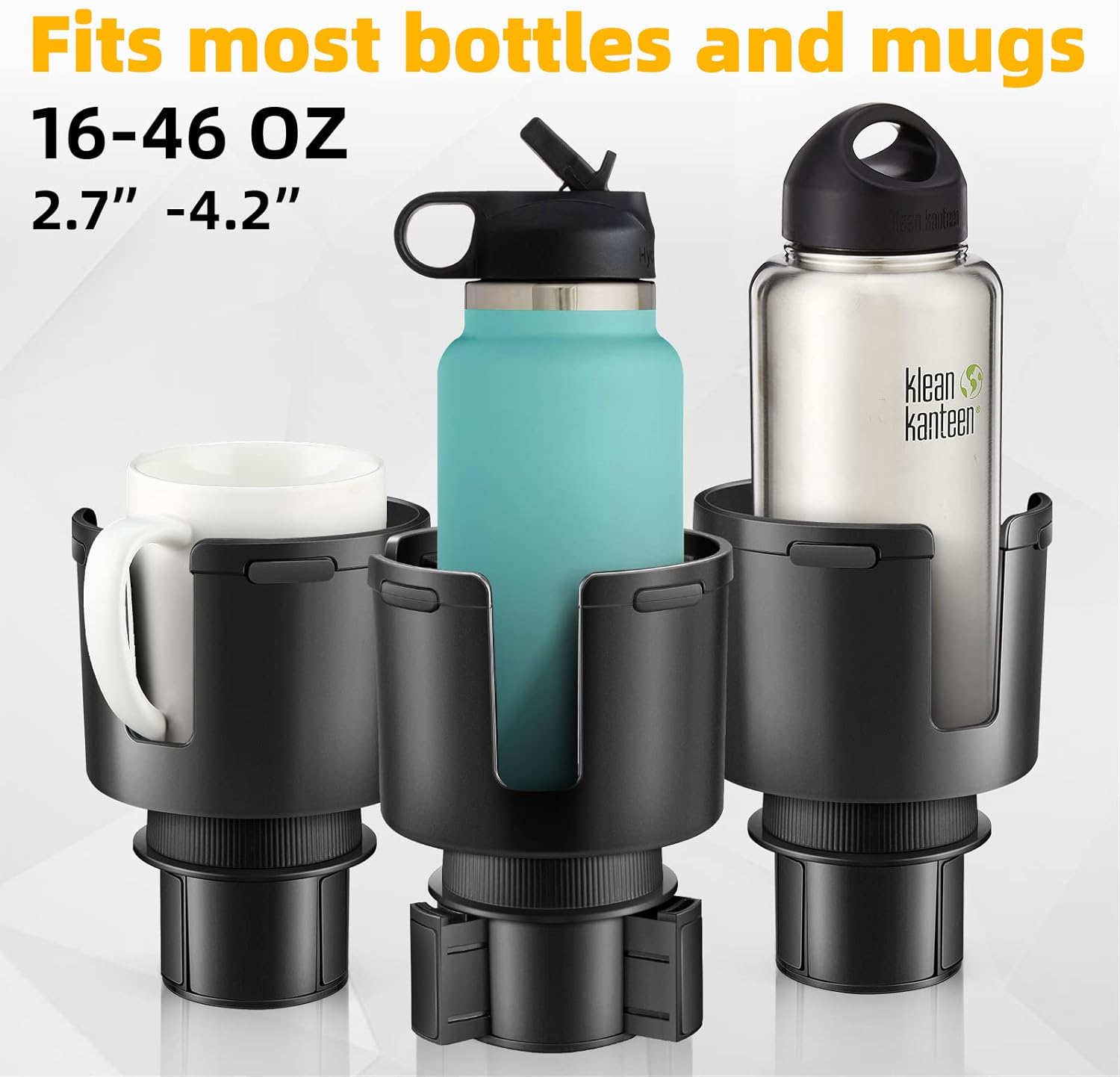 TYKOR Car Cup Holder Expander, Cup Holder Extender Adapter for Car with Adjustable Base, Fits YETI 24/36/46oz, HydroFlask 32/40oz, Large Water Bottles in 2.7"-4.2" (16-46 OZ)