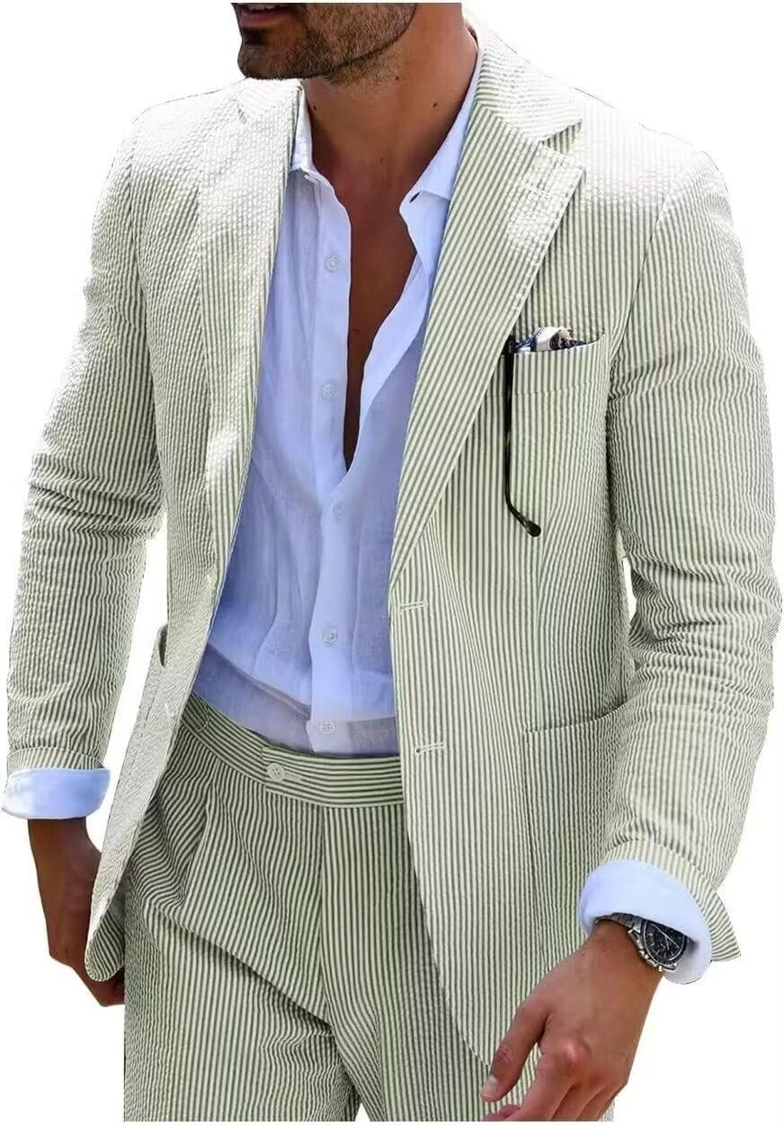 Wehilion Men's Seersucker Summer Suit Groom Wedding Seersucker Outfit Slim Fit Formal Suit Set for Men