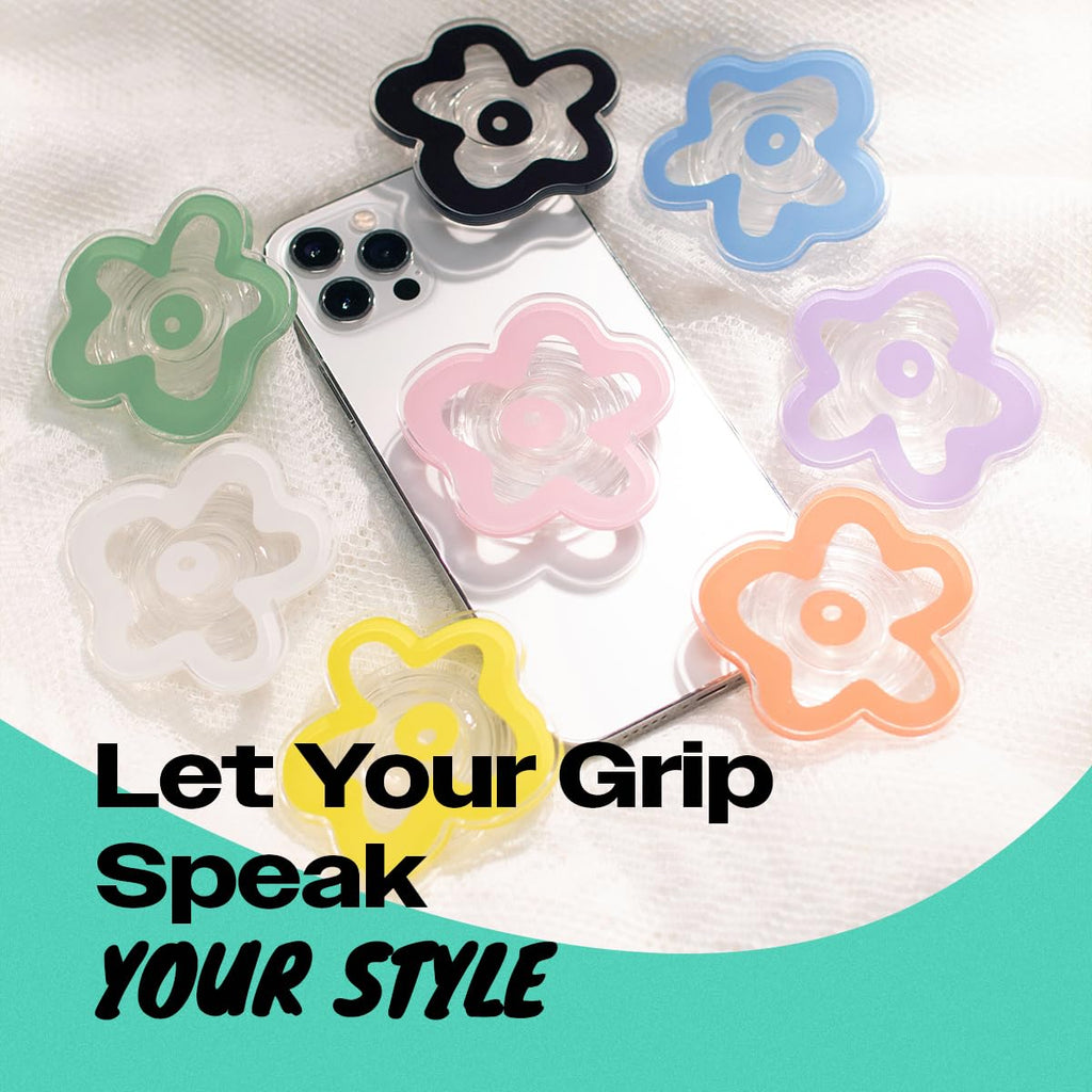 OnTheGrip Cute Transparent Daisy Flower Shape Design Mobile Phone Grip Multi Functional Collapsible Stand Holder for Smartphone Tablet Cell Phone Accessory (Black)