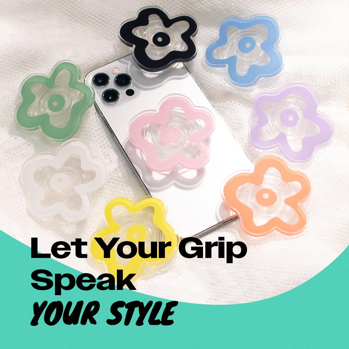 OnTheGrip Cute Transparent Daisy Flower Shape Design Mobile Phone Grip Multi Functional Collapsible Stand Holder for Smartphone Tablet Cell Phone Accessory (Black)