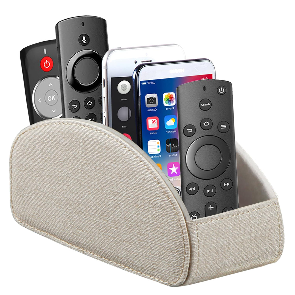 YAPISHI All-in-One Leather Brown TV Remote Holder with 5 Compartments Nightstand Desktop Media Player Remote Caddy Storage Box Organizer Tray for Mobile Office Phone Controller