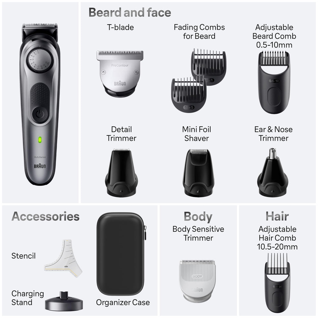 Braun All-in-One Style Kit Series 7 7410, 8-in-1 Trimmer for Men with Beard Trimmer, Body Trimmer for Manscaping, Hair Clippers & More, Sharpest Blade, 40 Length Settings, Waterproof