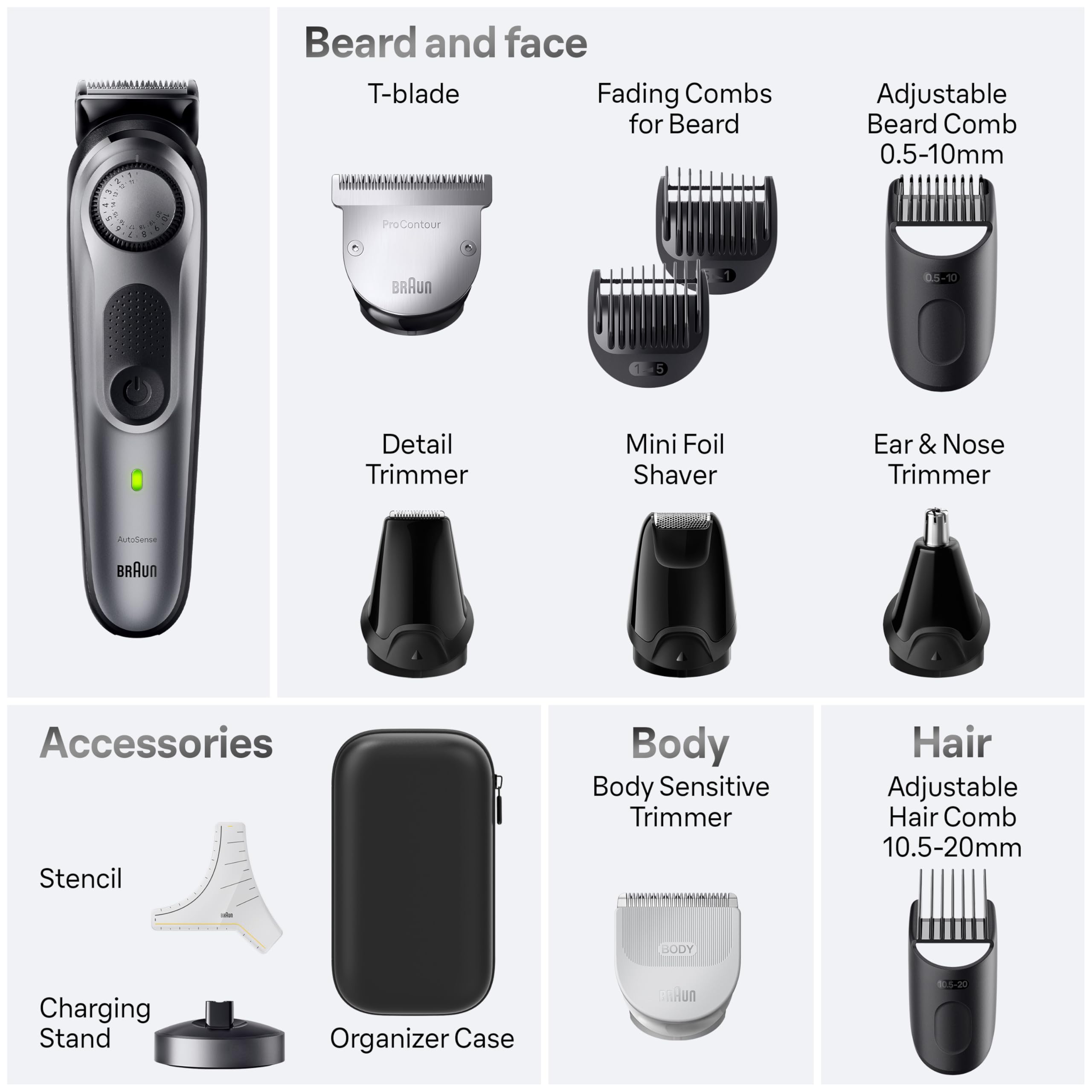 Braun All-in-One Style Kit Series 7 7410, 8-in-1 Trimmer for Men with Beard Trimmer, Body Trimmer for Manscaping, Hair Clippers & More, Sharpest Blade, 40 Length Settings, Waterproof