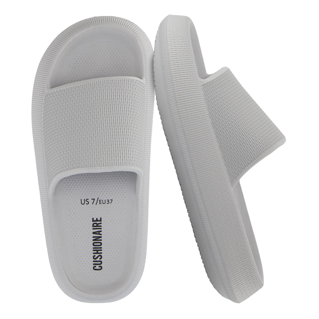 CUSHIONAIRE Feather EVA Slides for Women – Comfortable Slip On Womens Slippers, Indoor Outdoor Shower Shoes, Beach Essential Cloud Slides