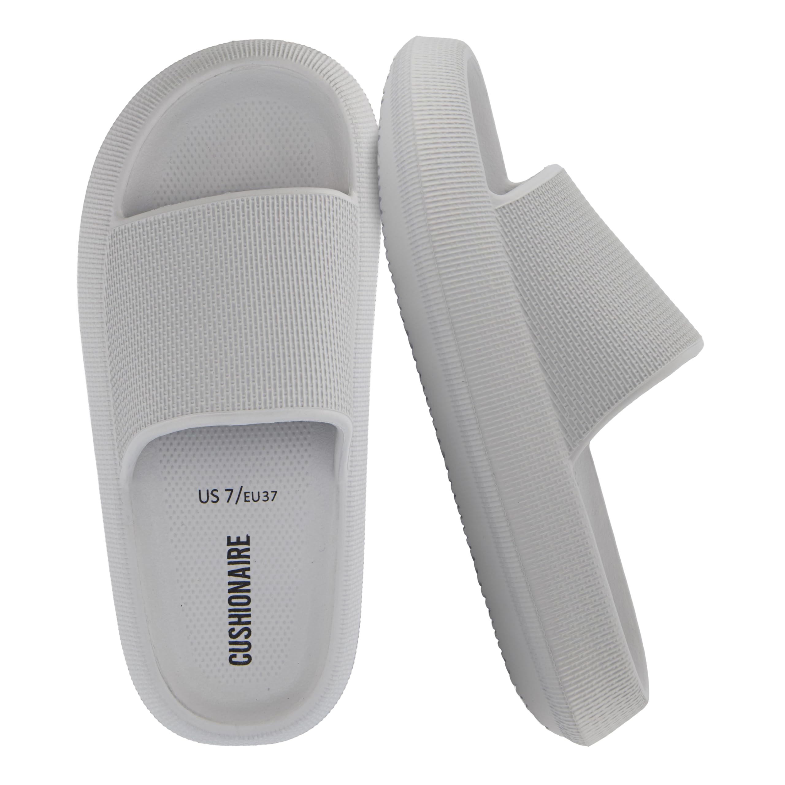 CUSHIONAIRE Feather EVA Slides for Women – Comfortable Slip On Womens Slippers, Indoor Outdoor Shower Shoes, Beach Essential Cloud Slides